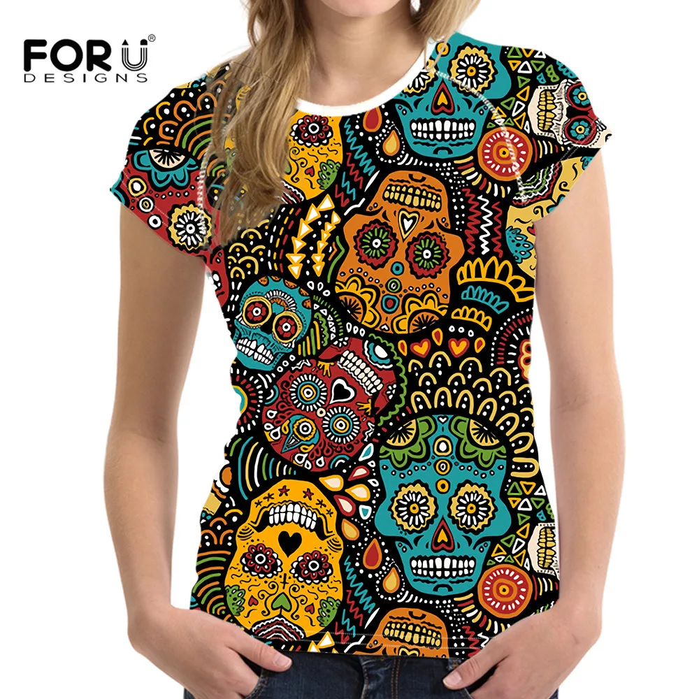 

FORUDESIGNS Sugar Skull Prints Soft Female T-Shirt Funny Pop Girls T Shirt Women's Summer Casual Breathable Short Sleeves Tshirt