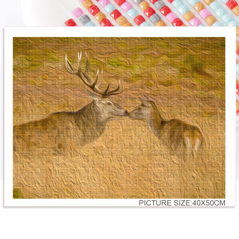 

Diamond Painting Diy 5D Southeast Asian Style Acrylic Snow and Grass with a Group of Elk Playing Scene Drawing Round Diamond
