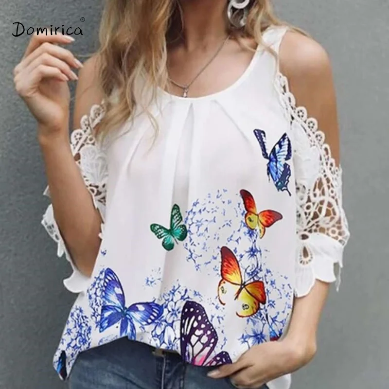 

T-shirt Women Summer O- Neck Butterfly Lace Hollow Sleeve Loose T-shirt Women's Mid-lengthT-shirt Y2k Top Summer Plus Size Tees