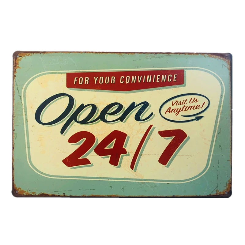

Open 24/7 Metal Tin Sign Bar Cafe Diner Garage Pub Home Wall Decor Retro Metal Art Poster