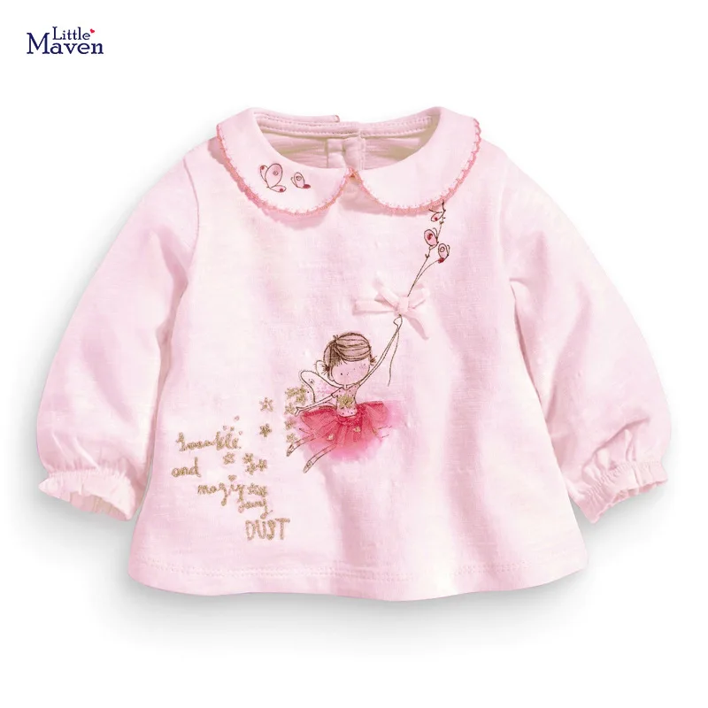 

Новинка осень-весна, детские розовые футболки Little Maven с воротником Питер Пэн, женские хлопковые трикотажные футболки с длинными рукавами и ...