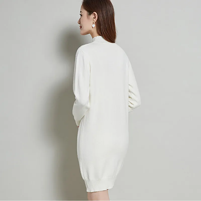 Осенне-зимнее вязаное платье-свитер женские свободные однотонные пуловеры с