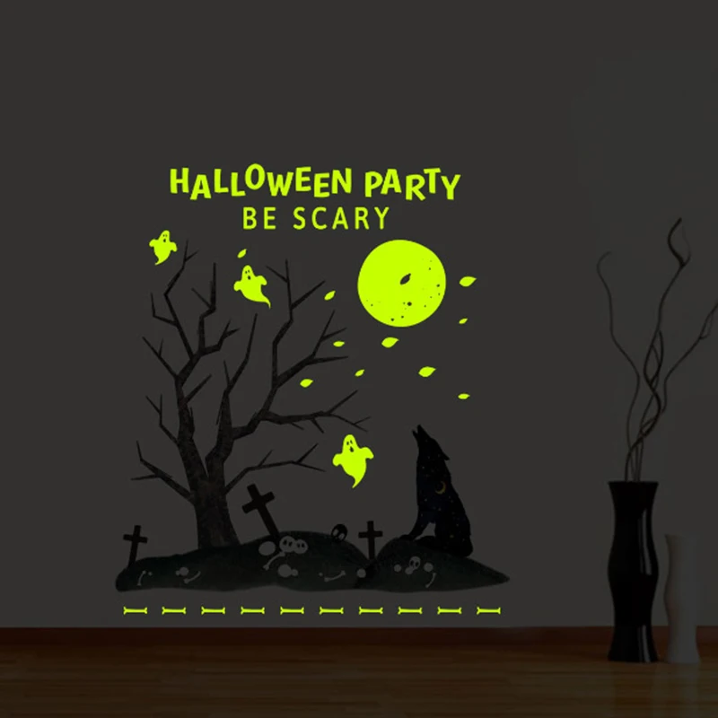 Хэллоуин Moon Wolf Cemetery Светящиеся Настенные наклейки для гостиной украшения окна