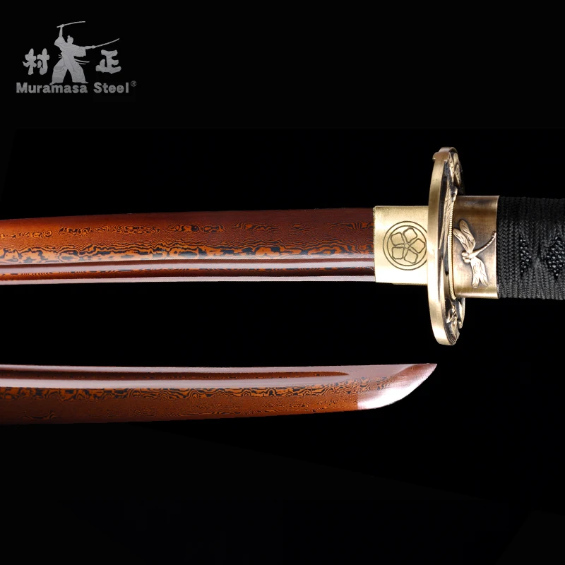 

Japanese Sword Folded Steel Blade Series-Full Tang Razor Sharp-Natural Wood Saya-Real Katana-Red Blade/Dragonfly Tsuba