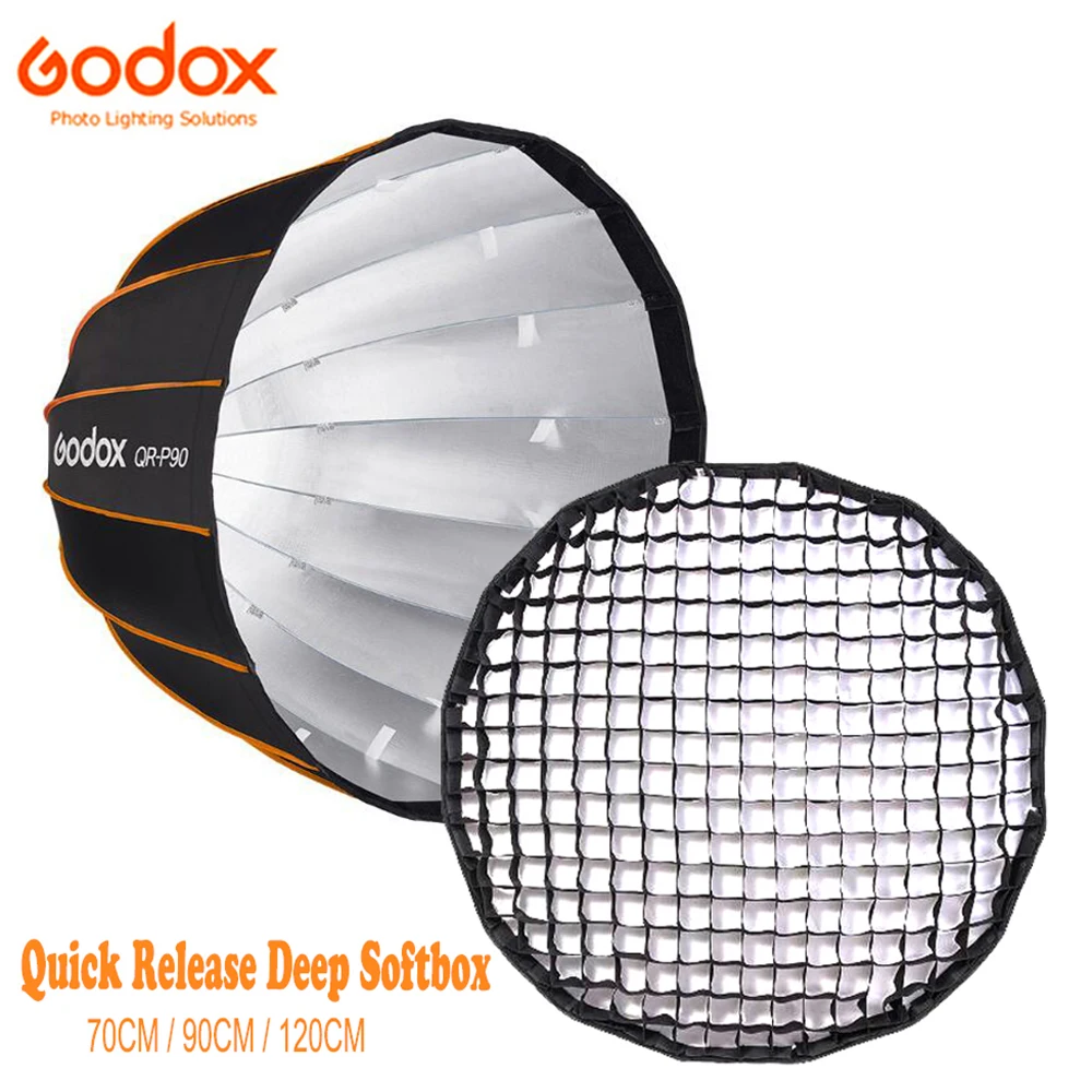 

Godox 70cm 90cm 120cm Quick Release Deep Parabolic Softbox QR-P70 QR-P90 QR-P120 Honeycomb Grid for Studio Bowens Flash Strobe