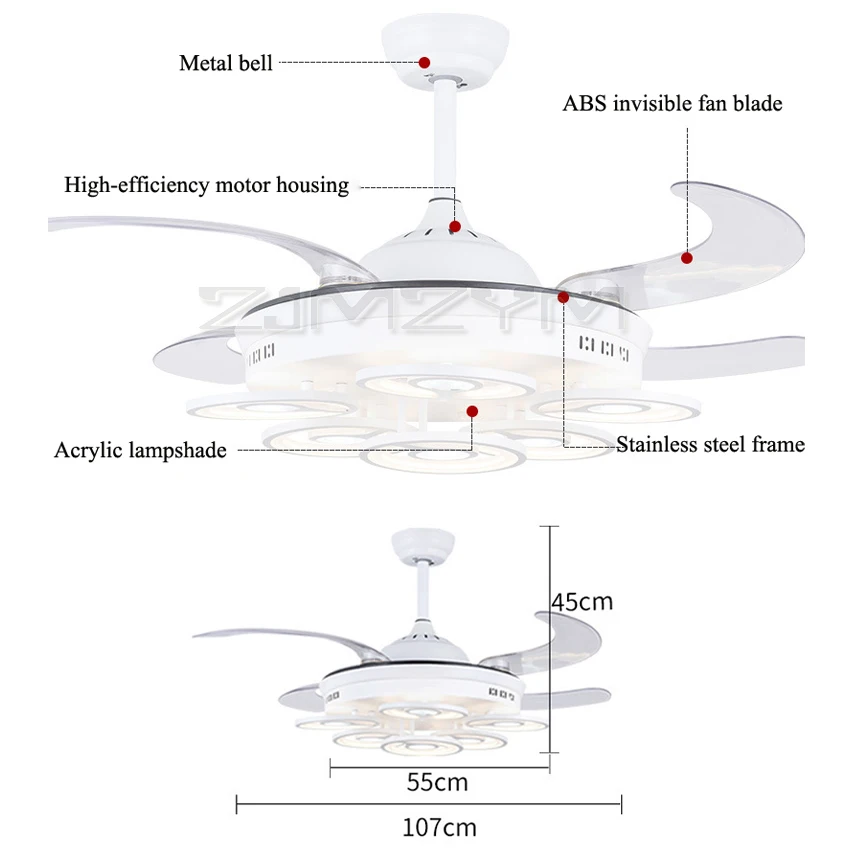 42 дюйма Невидимый потолочный вентилятор-светильник светодиодный пульт