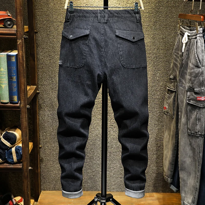 Джинсы для мужчин деним на завязках в полоску четыре сезона свободные с длинным