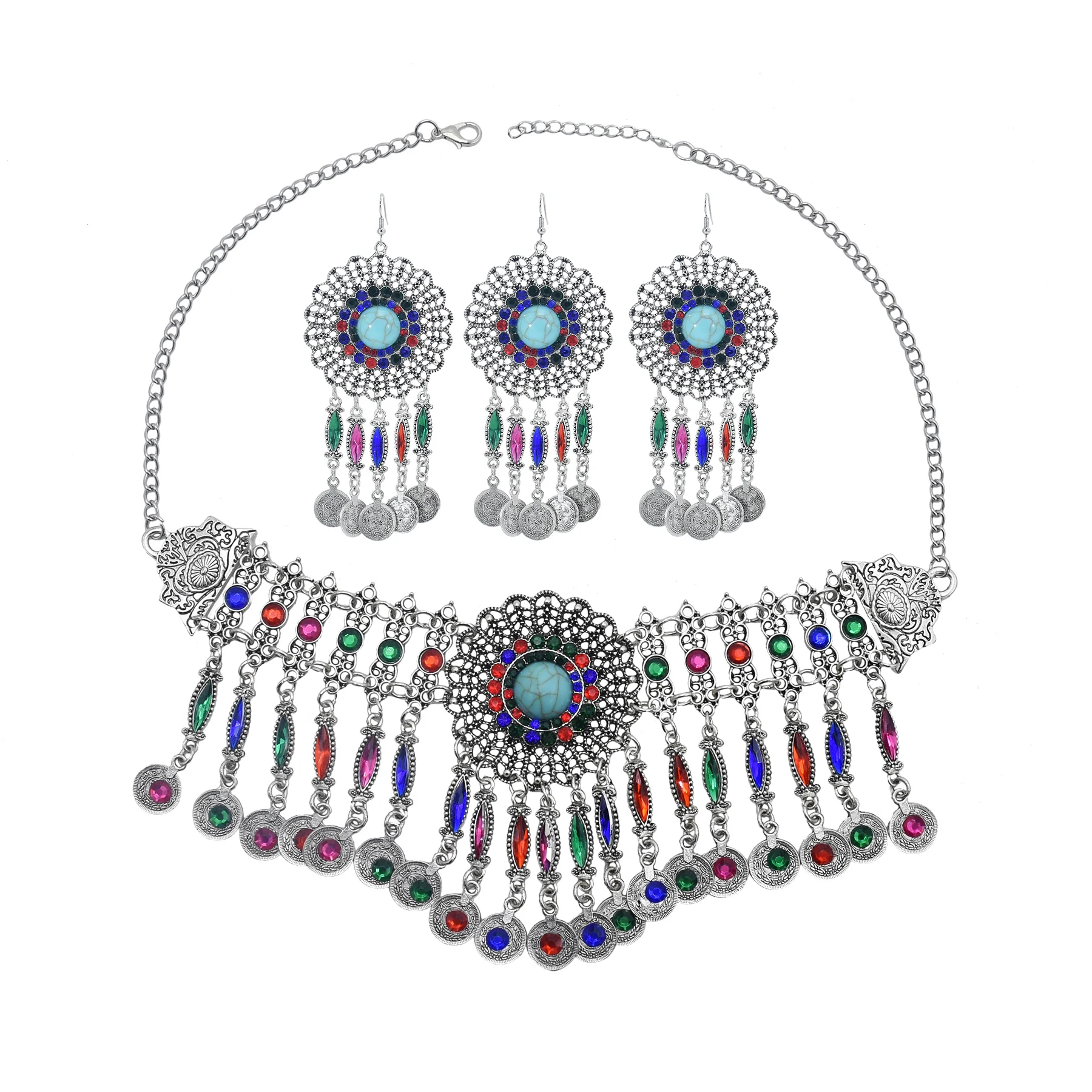 

Ethnic Colorful Crystal Coin Choker Necklace Earrings Set For Women Vintage Gypsy Collares Hair Clip Indian Afghan Dress Jewelry