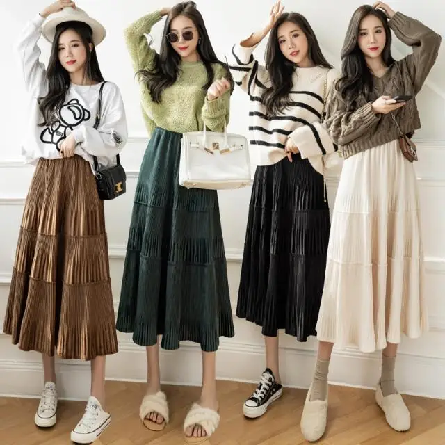 

Solid Color Female Vintage Long Velvet Pleated Skirt Women 2022 Autumn Winter Elegant Fashion Ladies High Waist A line Skirt