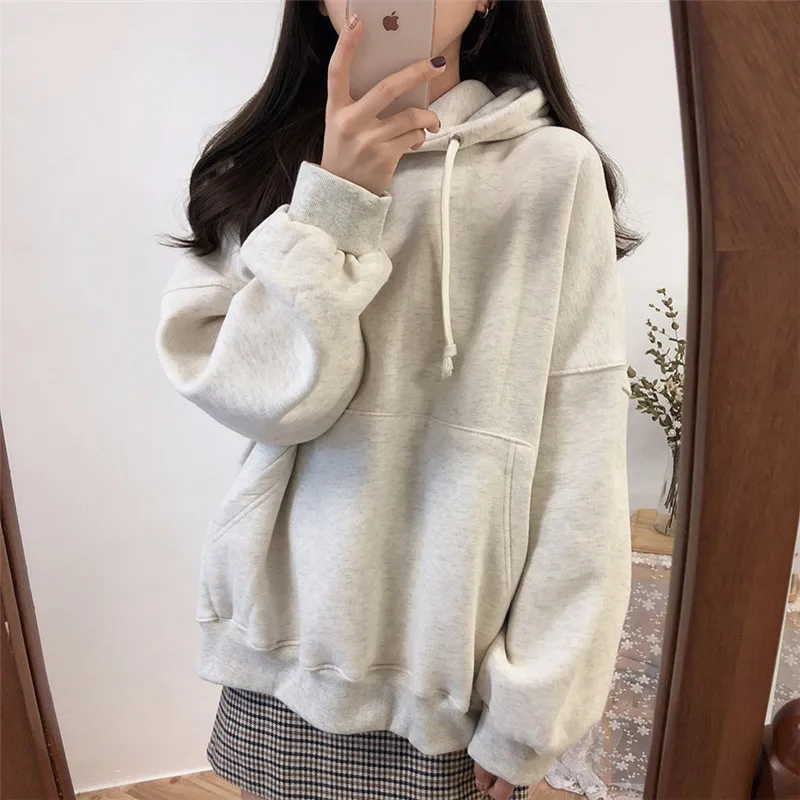 Толстовки женские уличные Ulzzang простые свободные плюс бархатные большого размера, мягкий однотонный теплый с капюшоном Harajuku женская одежда шикарная Повседневная