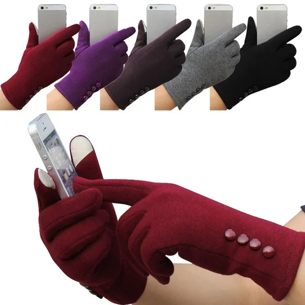 

Ladies Winter Warm Thick Fleece Lined Thermal Button Touch Screen Gloves