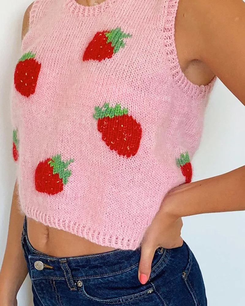 Sweet Sleeveless Sweater Vest Women Jumper Strawberry Knitted Crop Top Lady Streetwear Cute V-Neck Pullover Autumn | Женская одежда