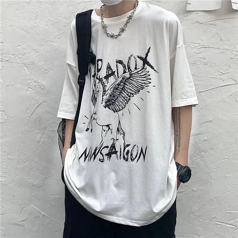

Short sleeved T-shirt for men Hong Kong style Instagram trend Loose large dark style graffiti handsome student top S-5XL
