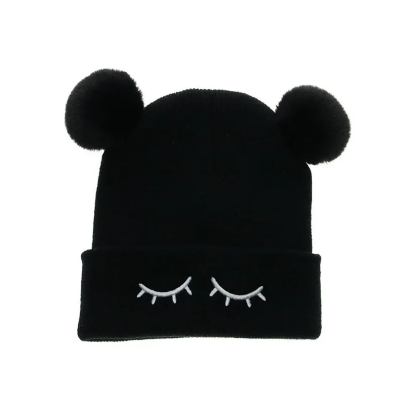 Winter Children's Cap Headgear Eyelash Embroidery Imitation Fox Fur Double Ball Knitted Wool White red Black Gray 0-7T | Детская