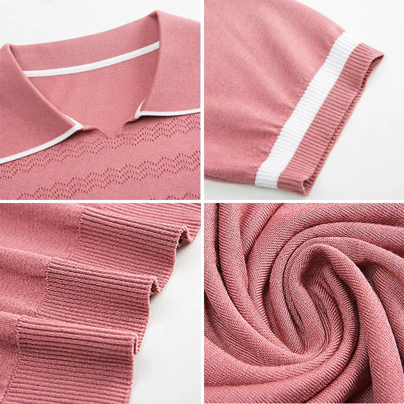 

Summer Stripe Patchwork T-Shirt Casual Mom 's Hollow Out Knitwear Tee Fashion Turn-Down Collar Short Sleeve Knitted tops Women