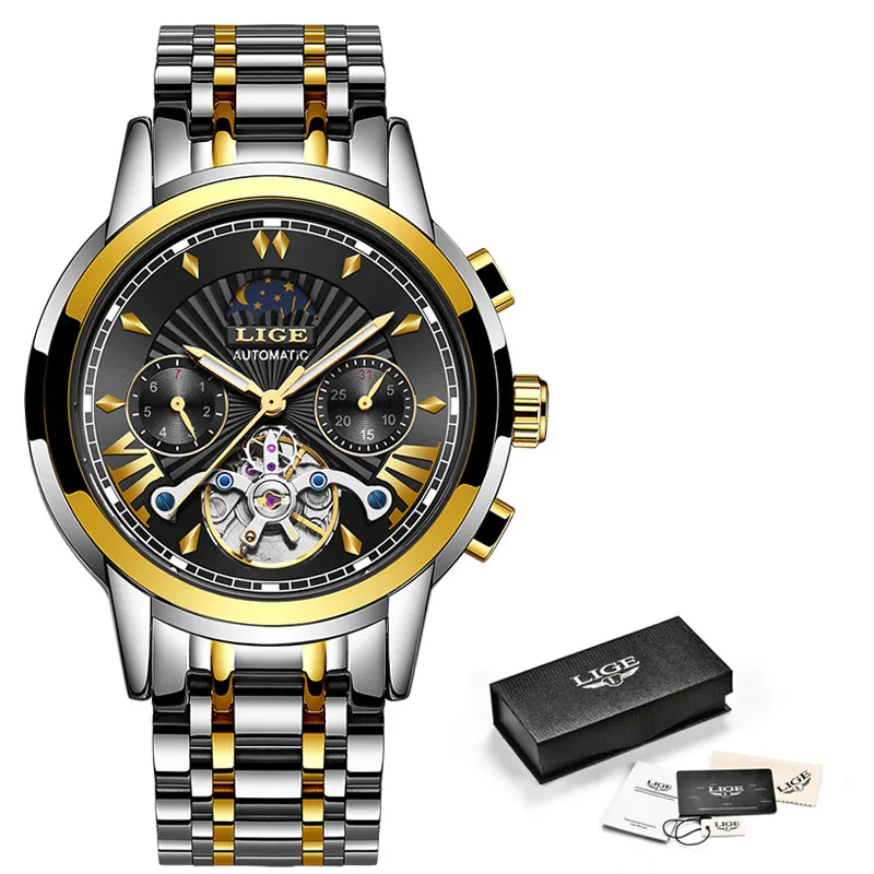 Gold black LIGE повседневные мужские s часы лучший бренд класса люкс автоматические механические деловые часы мужские водонепроницаемые наручные часы Reloj Hombres Tourbillon - Цвет: Gold black