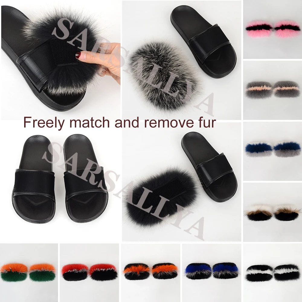 Сланцы женские с натуральным мехом пушистые летние тапочки меховые уличные