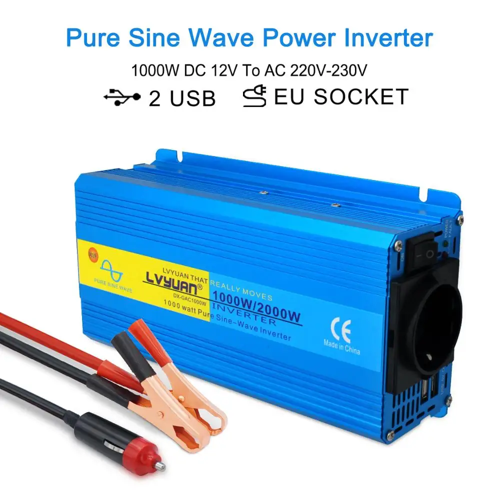 $56.99 2000W Pure Sine Wave Inverter DC 12V/24V to AC 220V 230V Voltage Transfer Converter Charging Adapter EU Socket Auto Accessories