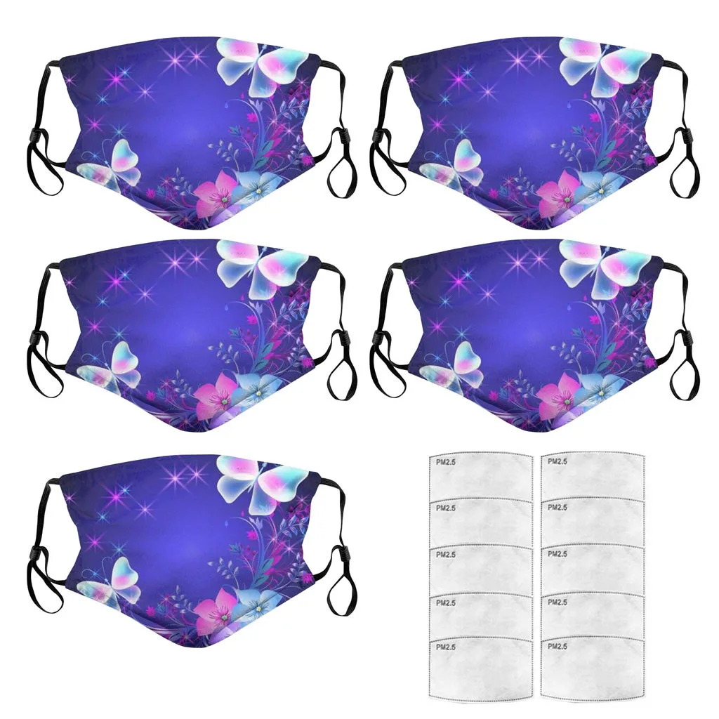 

Unisex 5PC Florals Printed Dust Mask + 10PC Filter Set Adults Printed Reusable Washable dustproof Breathable Face Masks 2020 New