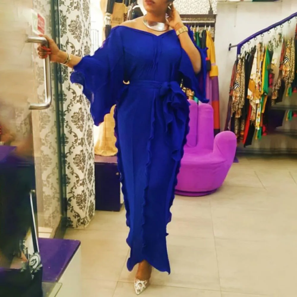 

2021 Summer New African Oversize Casual Explosion Long Sleeve V-neck Fungus Irregular Loose Women's Dress Ruffle Solid Color