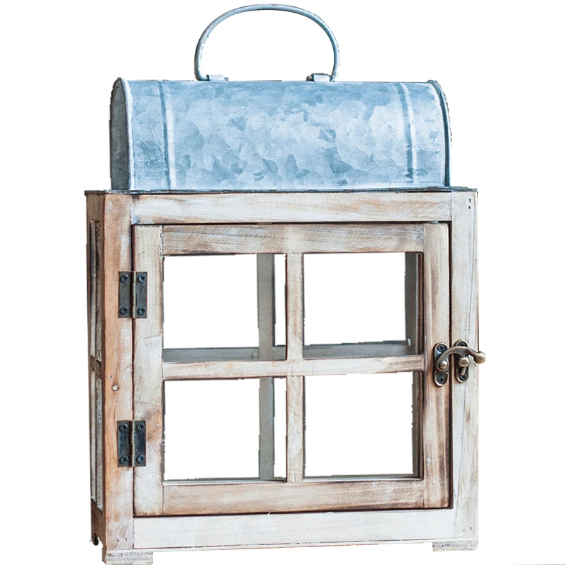 

Wooden Lantern Glass Lantern Candlestick Decorative Art Decoration Garden Courtyard Retro Nostalgic Iron Art