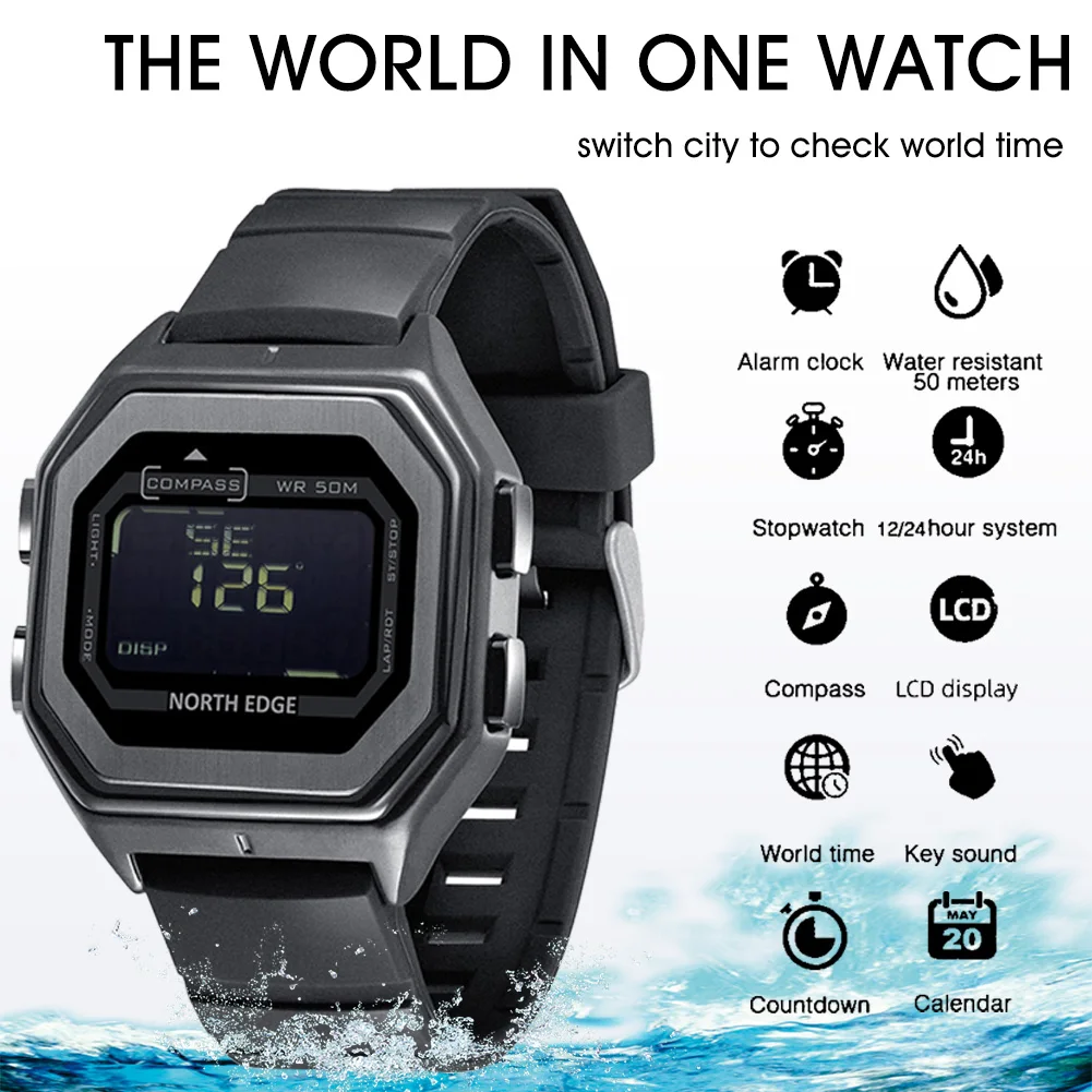 

NORTH EDGE Digital Sports Watch 50M Waterproof Watch Compass World Time Stopwatch Countdown Army Military Watch Men Realme Gt