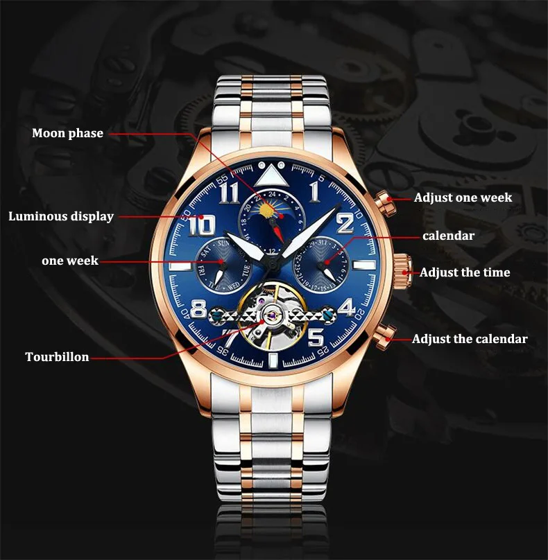 Многофункциональные часы tourbillon для мужчин люксовый бренд Moon фазный Автоматический Механические часы полый маховик мужские часы новые