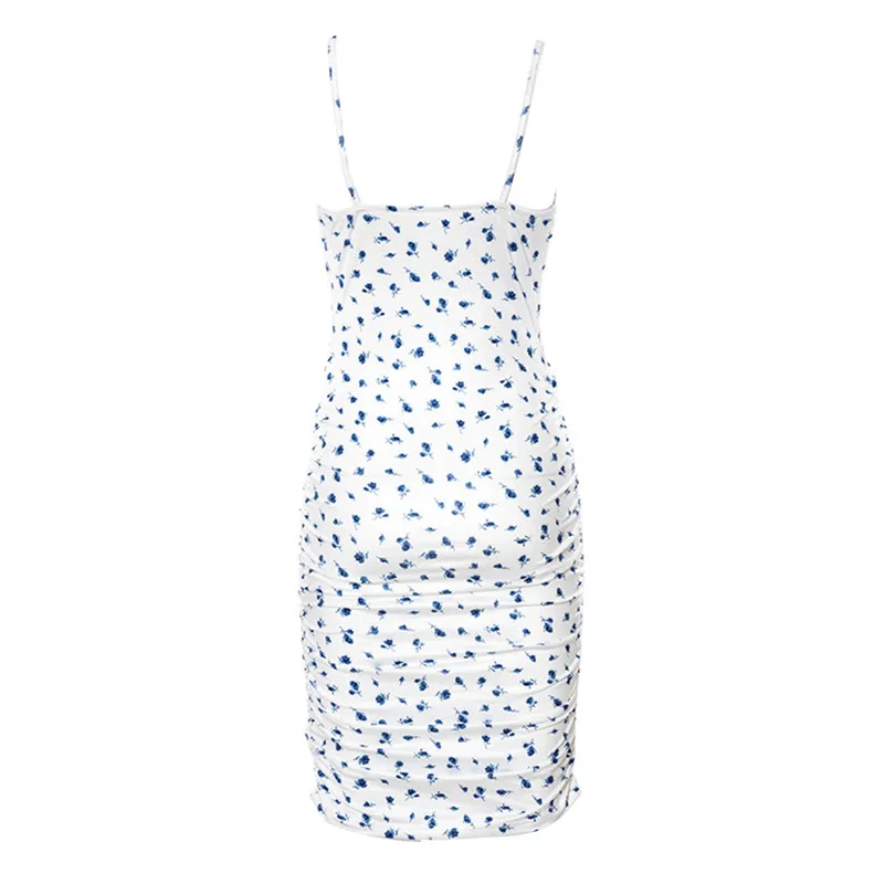 

Ladies Ruched V-neck Spaghetti Strap Dress Women Summer Floral Print Tight Suspender Dress Summer Sexy Low-cut Bodycon