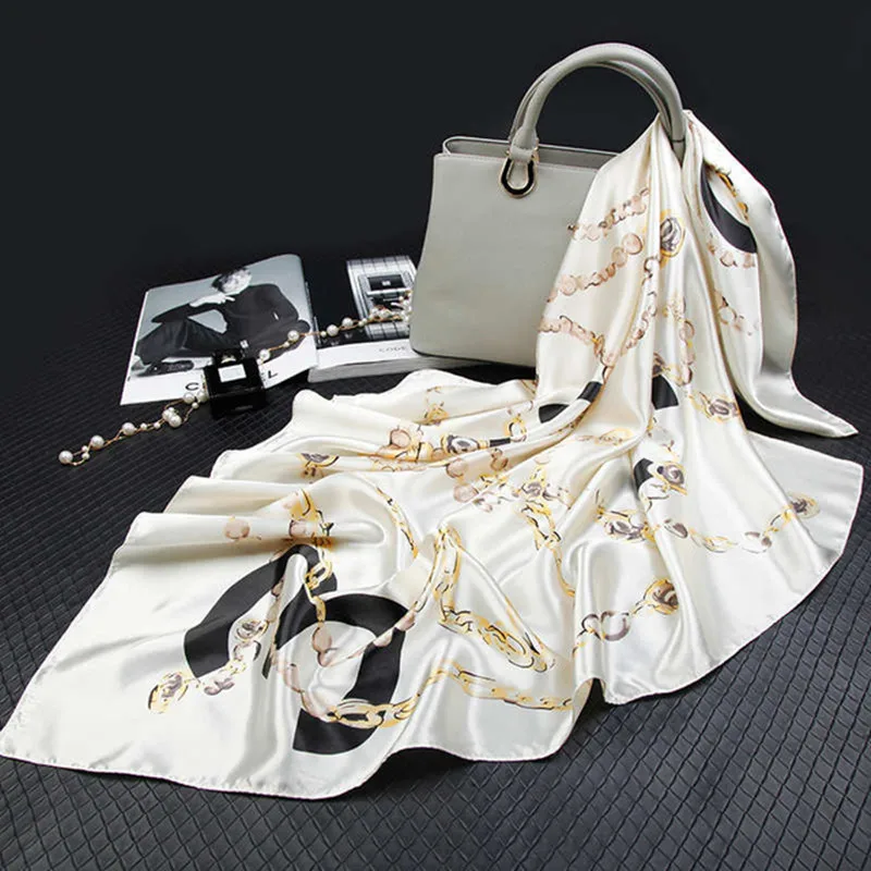 Модный Шелковый шарф с принтом цепи для женщин хиджаб 90*90 см большой квадратный