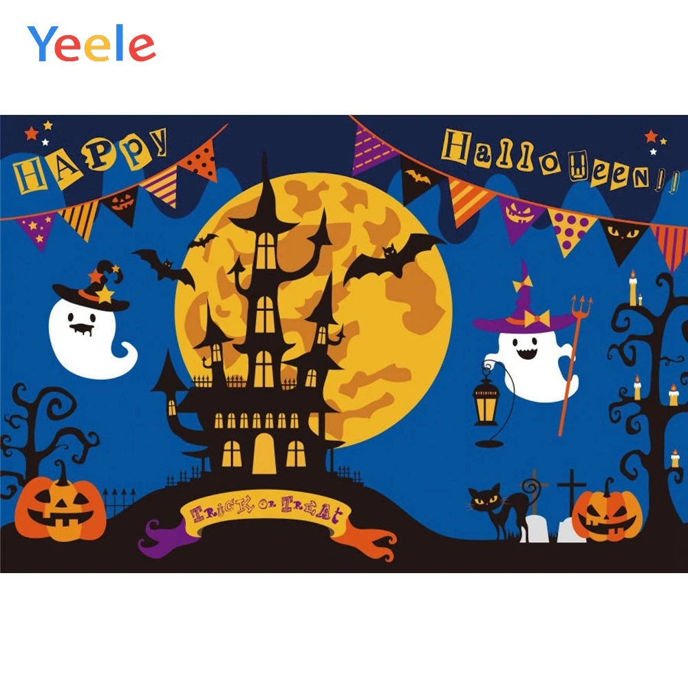 

Trick Or Treat Halloween Backdrop Pumpkin Lantern Moon Bat Forest Magician Castle Vinyl Photography Background Photo Studio