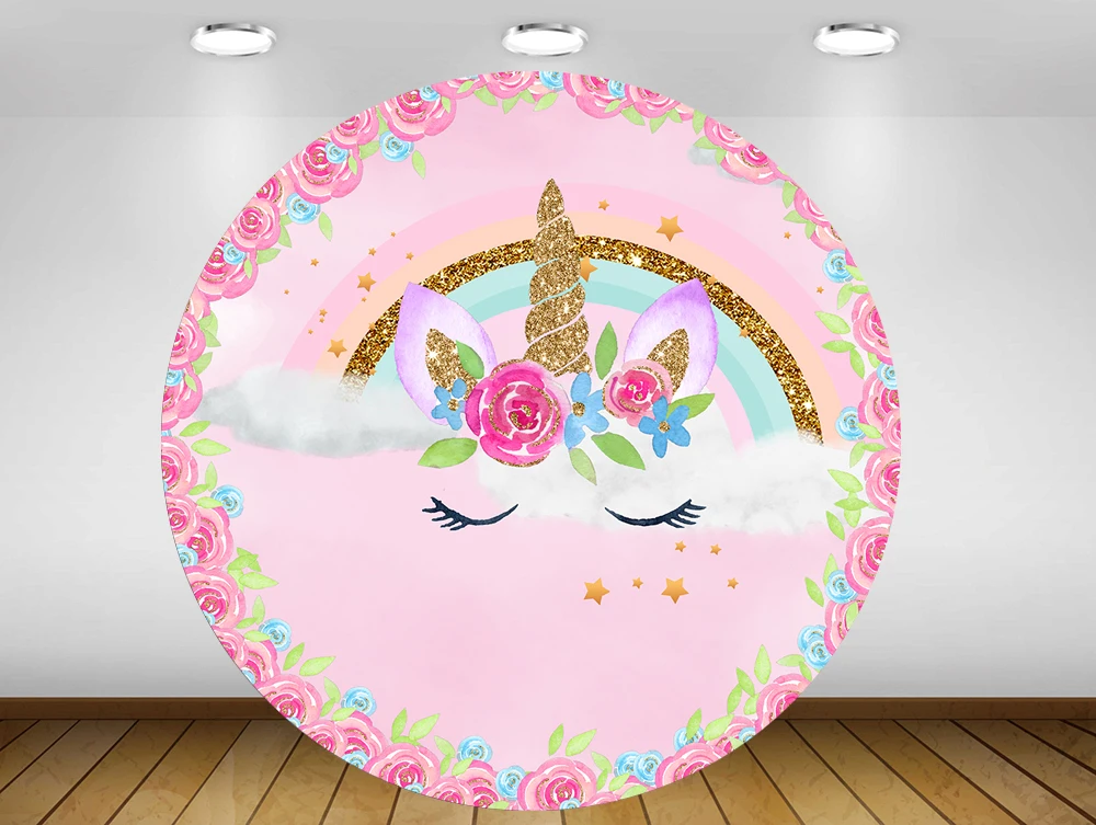

Circular Round Panel Backdrop Circle Background Pink Gold Unicorn Themed Birthday Party Decor Baby Shower Polyester Fabric Vinyl