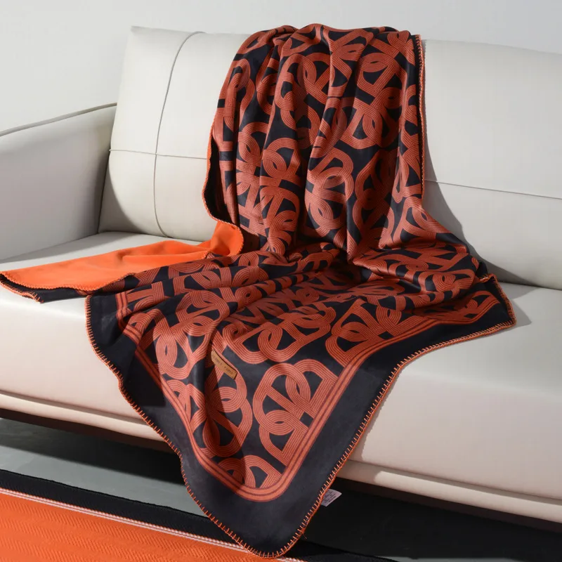 

Light Luxury Orange Printed Brocade Fox Velvet Thick Double-layer Composite Sofa Air-Conditioning Leisure Travel Cover Blanket
