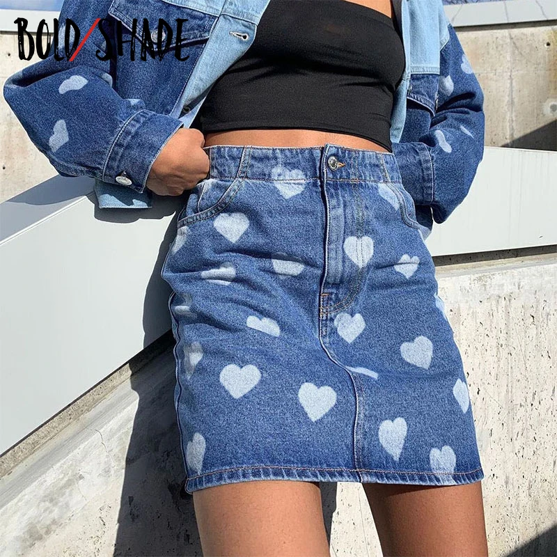 

Bold Shade Heart Print High Waist Denim Skirts Grunge Streetwear 90s Fashion Women Summer Mini Skirt 2021 Y2K Indie Clothings