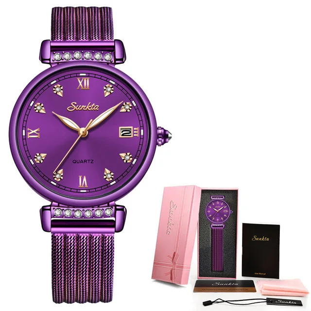 purple SUNKTA, женские часы из розового золота, кварцевые часы, Топ для женщин, роскошный бренд, женские часы, женские часы, Relogio Feminino+ коробка - Цвет: purple