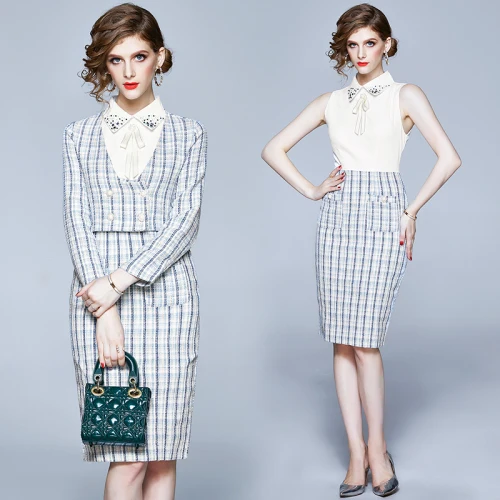 

Plaid Luxury 2 Piece Set Women Office Lady Jacket&dress Two Piece Outfits Vestidos De Fiesta De Noche Robe Femme Woman Suit