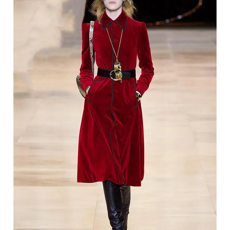 

Runway Designer Dress 2020 High Quality Women Turn-down Collar Long Sleeve Velvet Casual Midi Trench Coat Dresses NP1208J