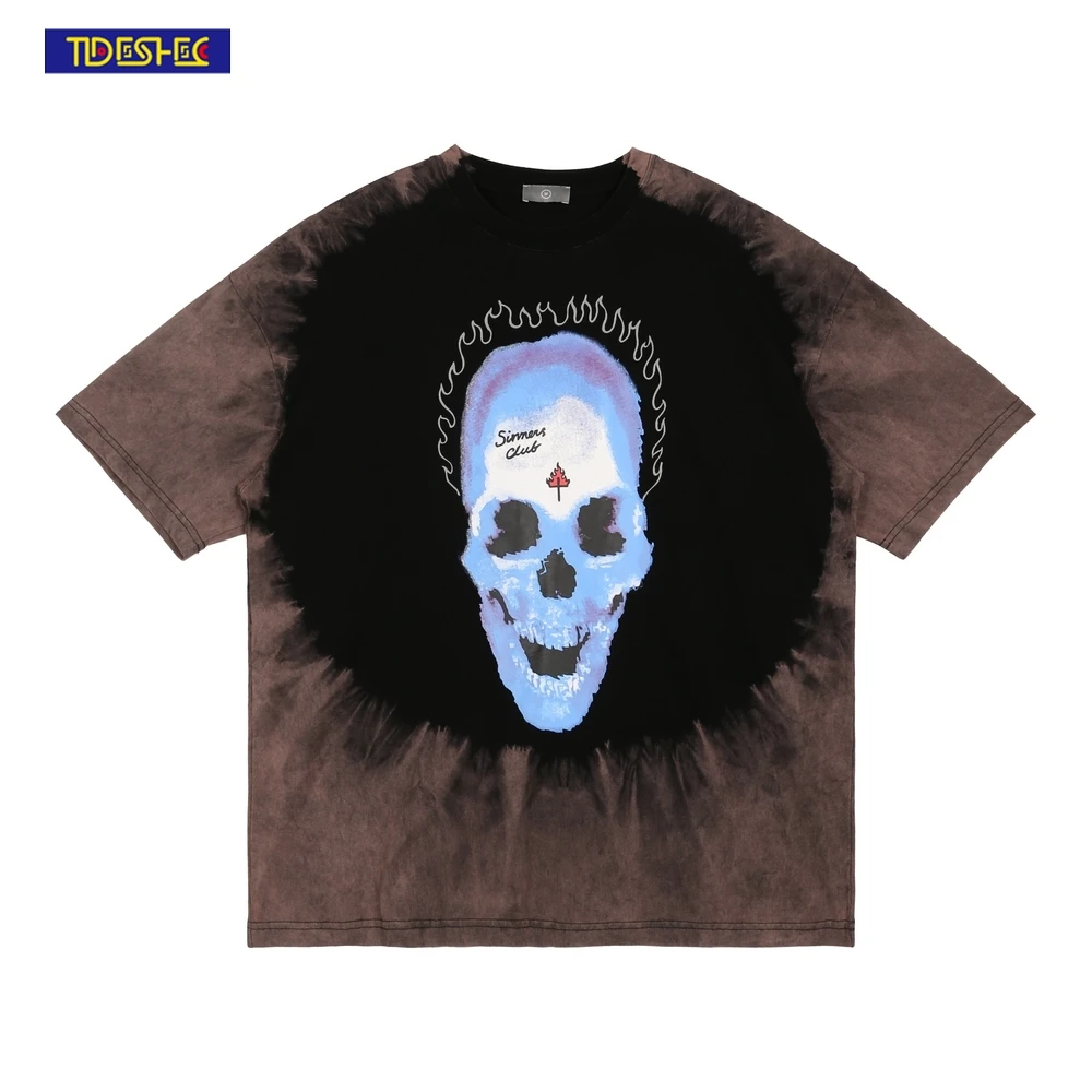 

2022 Spring Summer Vintage T-shirt Men's Oversized Skull Print T-shirt Tie-dye High Quality Hip-hop Streetwear New Tops Tee