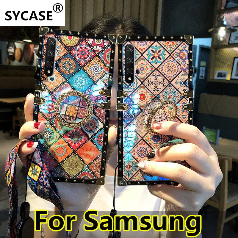 SYCASE роскошный blu ray квадратный PhoneCase с кольцом для samsung S8 S9 S10 Plus Note 8 9 J4 J6 Plus Prime чехол в национальном стиле