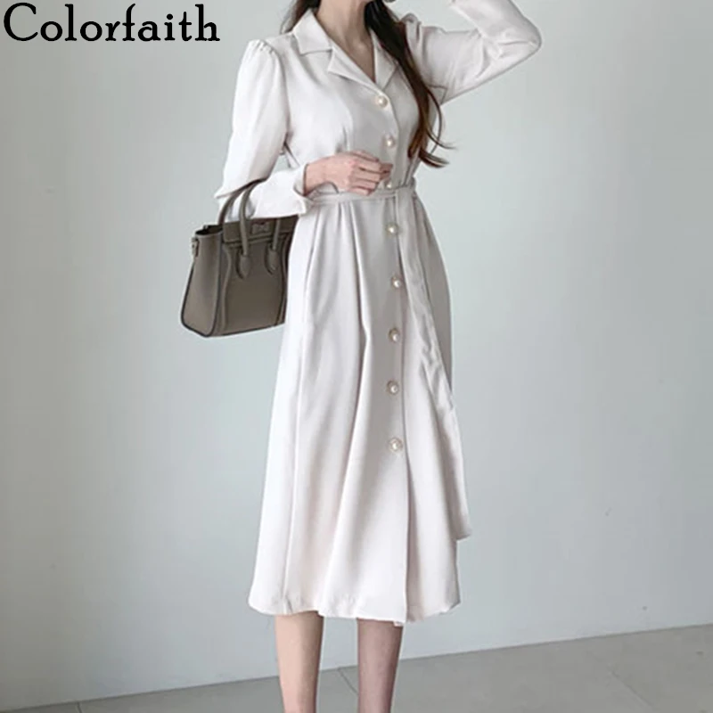 Женское однобортное платье рубашка Colorfaith элегантное однотонное до середины икры