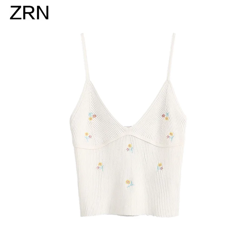 Женский укороченный топ сексуальный Вязаный с цветочной вышивкой на бретельках