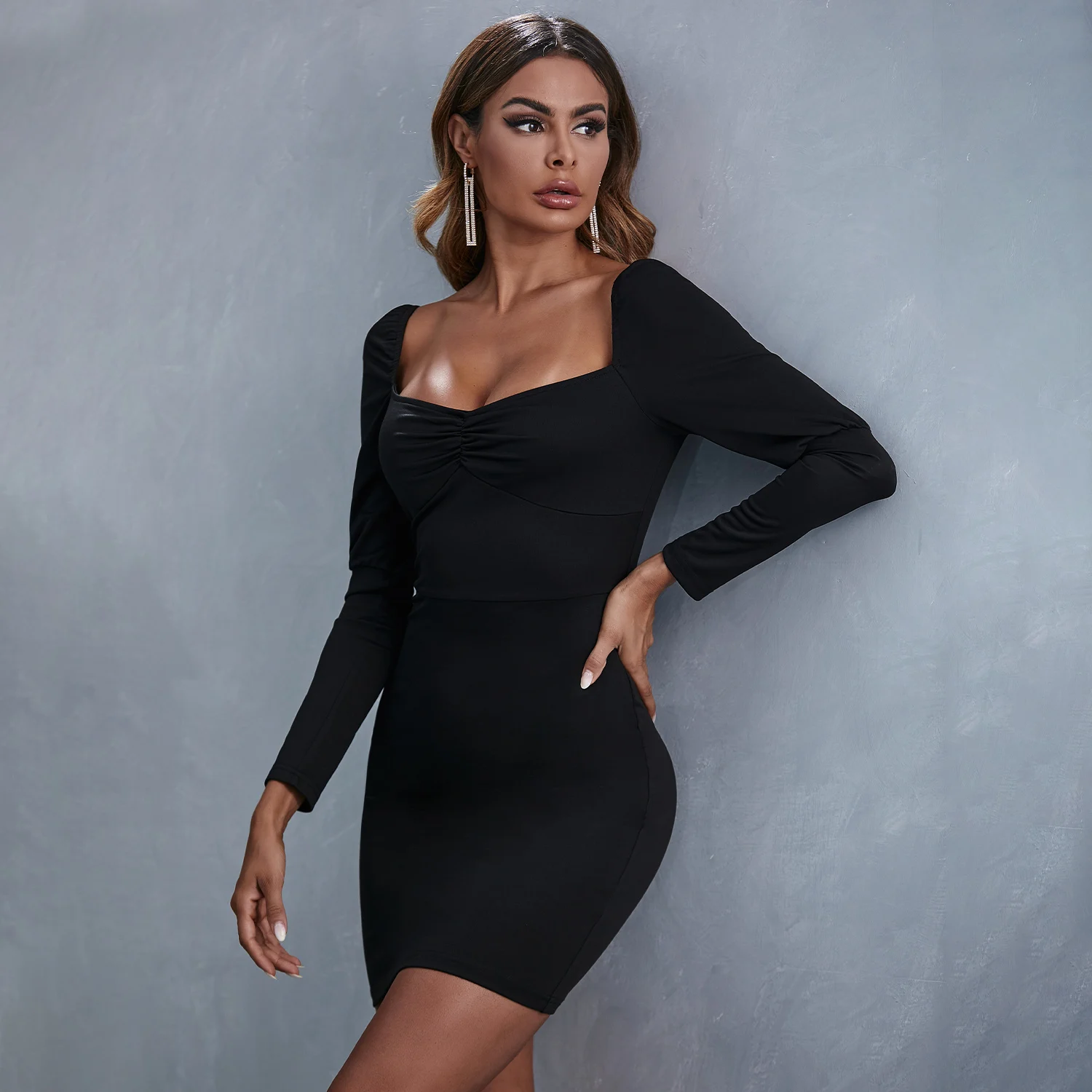 

Solid Color Women Square Neck Dress Elegant Ladies Cocktail Party Dresses