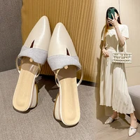 ladies muller shoes summer new fashion simple leather baotou low heeled sandals pointed toe metal ring hollow one step slippers