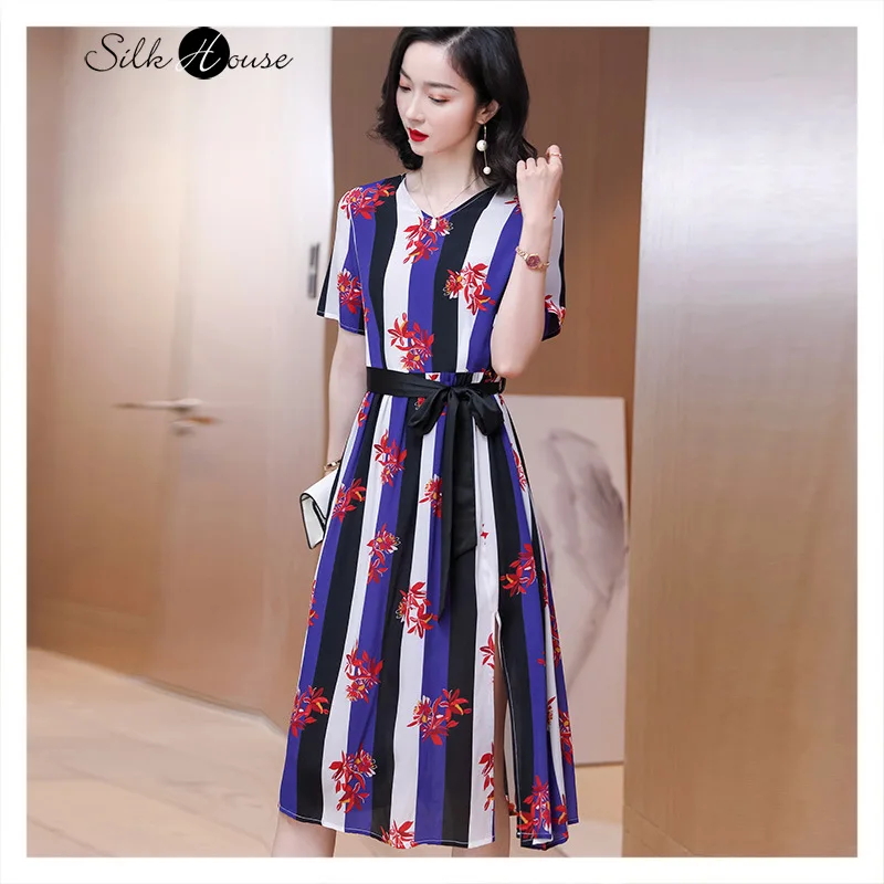 

High End Crepe De Chine Silk Dress Fashion Mulberry Silk Print Commuter Office Party Women's 2021 New Clothes