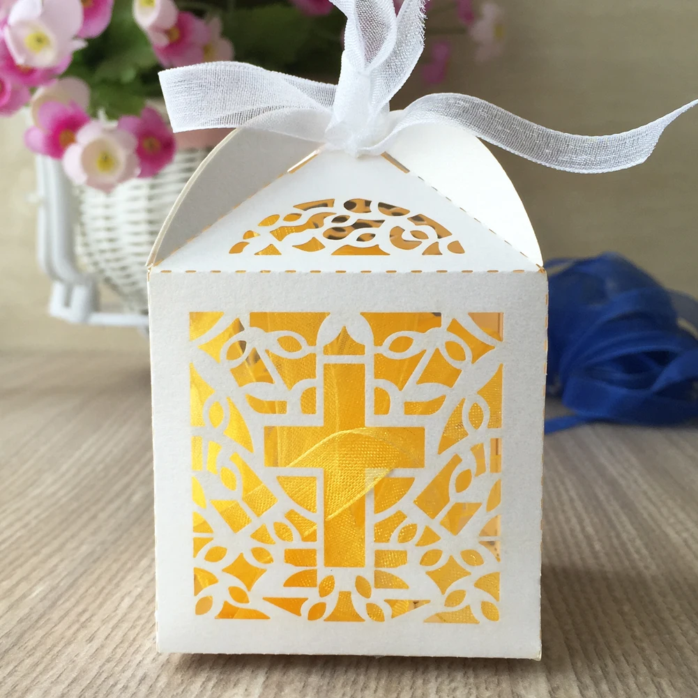 

50pcs/lot Cross Christian Culture Family Candy Box Presented A Ribbon Party Grand Events Supplies Boxes Kit With Laser Cut