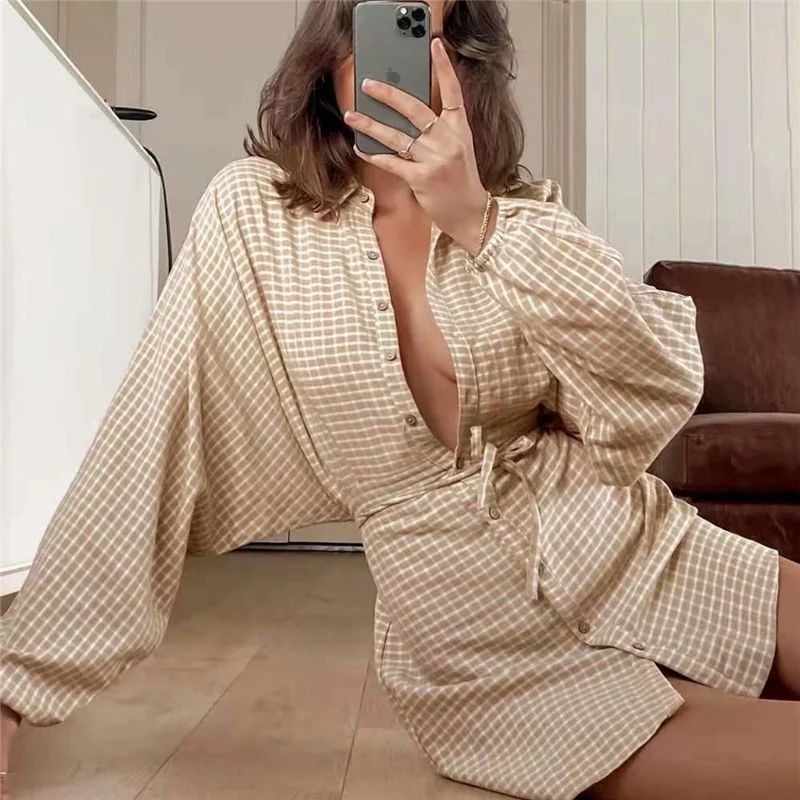 

Woman Casual Camel Loose Plaid Shirt Short Dress 2021 Spring Female Oversized Cotton Linen Dresses Ladies Drawstring Dress
