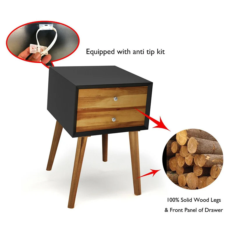

Concise Nightstand Sturdy Solid Acacia Wood Frame Scratchproof End Table 2 Storage Drawers Multipurpose Practical Bedside Table