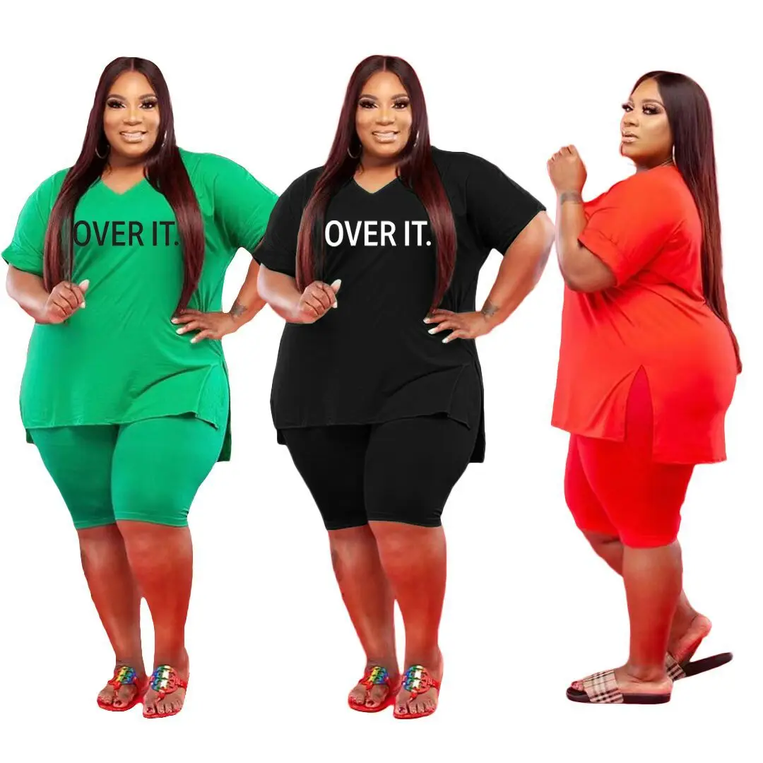 

Plus Size Two Piece Set Sexy V Neck Letter Print Casual 2 Piece Set 2022 Women Summer Outft Oversized 3xl 4xl 5xl Large Size Set
