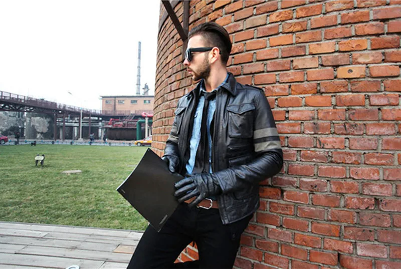 

Genuine Jackets Men Oblique Motorcycle Mens Black Pilot Leather Jacket Jaquetas De Couro Masculino WXF023