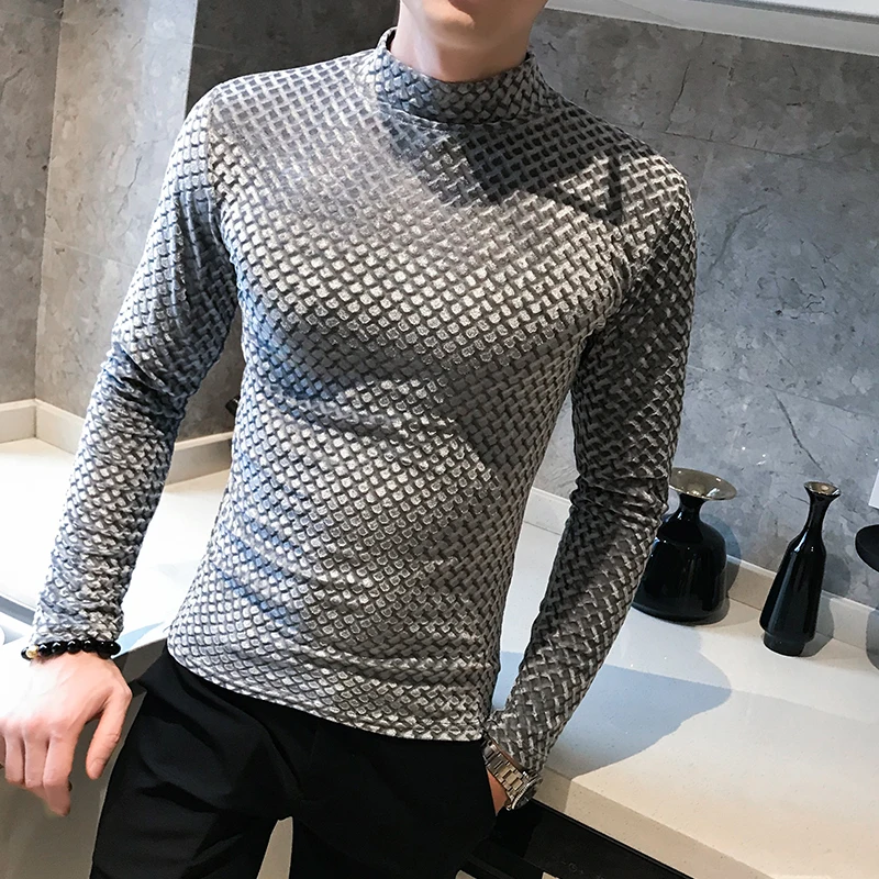 2019 новый стиль модная мужская Осенняя тонкая футболка с высоким воротником и