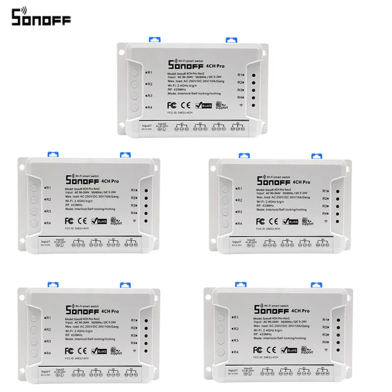 5 pcs Itead Sonoff 4CH Pro R2 433 МГц 4 канала RF беспроводной пульт дистанционного управления Wifi умный переключатель инчинг интерлок реле Alexa Google Home - Комплект: 5 pcs